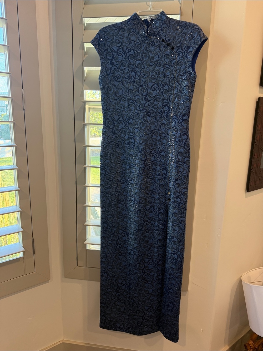 St. John Couture by Marie Gray Blue Floral Jacquard Mandarin Collar Maxi Dress